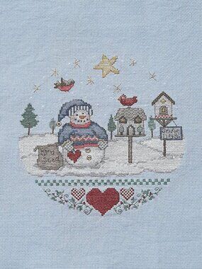 Vintage Finished Cross Stitch "Snowman Bird Houses" Picture 14 1/2" x 13"